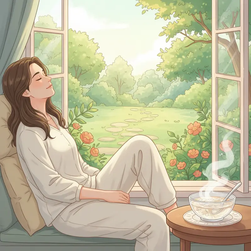 Người bệnh hen suyễn đang thư giãn hít thở không khí trong lành bên cạnh một chén yến sào, tượng trưng cho sự hỗ trợ hô hấp.