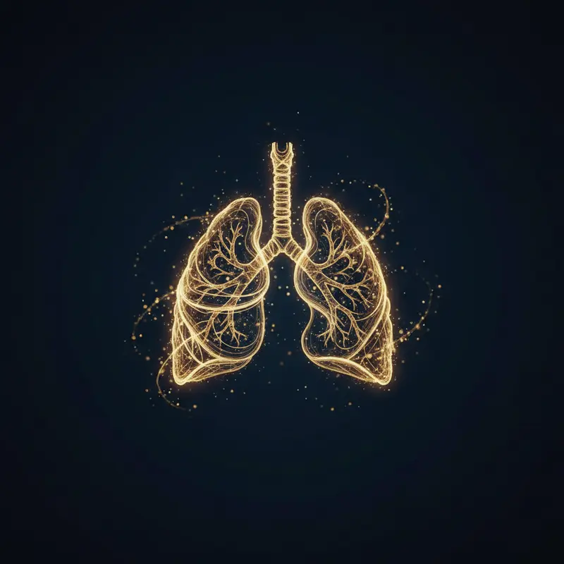 Hình ảnh lá phổi được tái tạo bằng ánh sáng vàng, minh họa vai trò của yến sào trong việc chữa lành tổn thương phổi sau COVID-19.