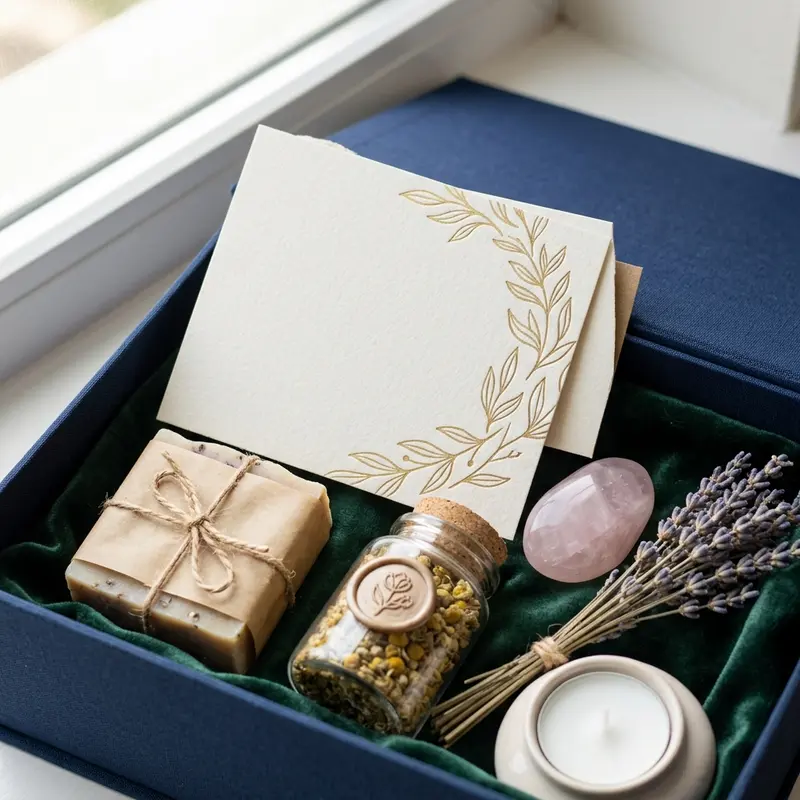 Hình ảnh thẻ thăm hỏi tinh tế đặt cạnh set quà sức khỏe trong hộp quà sang trọng.