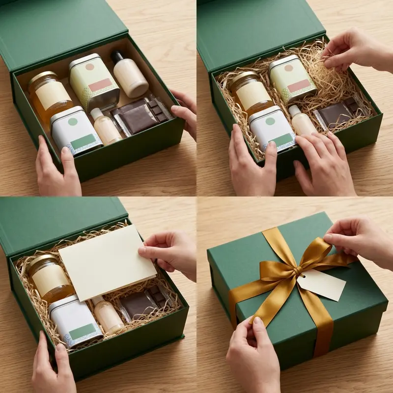 Các bước đóng gói quà chuyên nghiệp với set quà sức khỏe, thẻ thăm hỏi, và ruy băng.