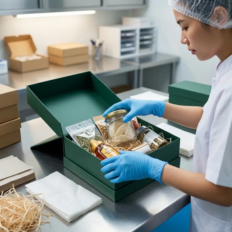Nhân viên đeo găng tay đóng gói set Yến, thực phẩm chức năng trong môi trường sạch sẽ.