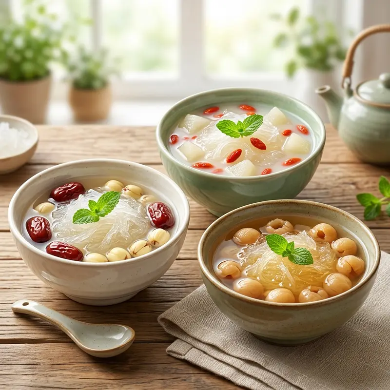 Ảnh chụp ba bát yến chưng không đường với các nguyên liệu kết hợp khác nhau: táo đỏ hạt sen, lê tuyết kỷ tử và long nhãn, đặt trên bàn gỗ.