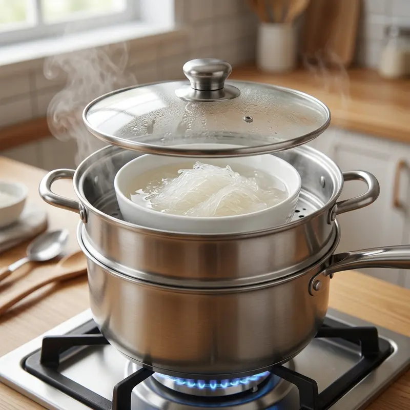 Ảnh cận cảnh nồi chưng cách thủy trên bếp, bên trong bát sứ chứa sợi yến trong suốt đang được chưng với hơi nước bốc lên nhẹ.