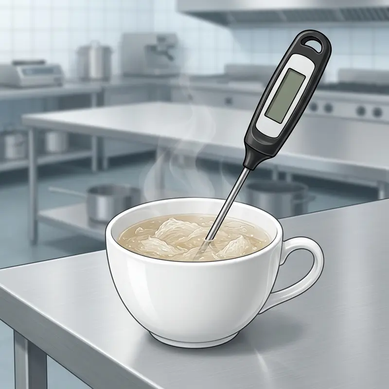 Nhiệt kế thực phẩm hiển thị 65 độ C được cắm vào một chén yến chưng, xác định nhiệt độ vàng an toàn.