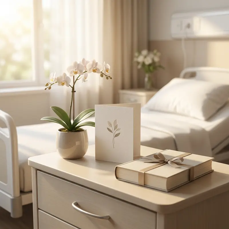 Hình ảnh minh họa các món quà phù hợp đặt trên bàn cạnh giường bệnh viện, bao gồm chậu lan nhỏ, thiệp và sách.