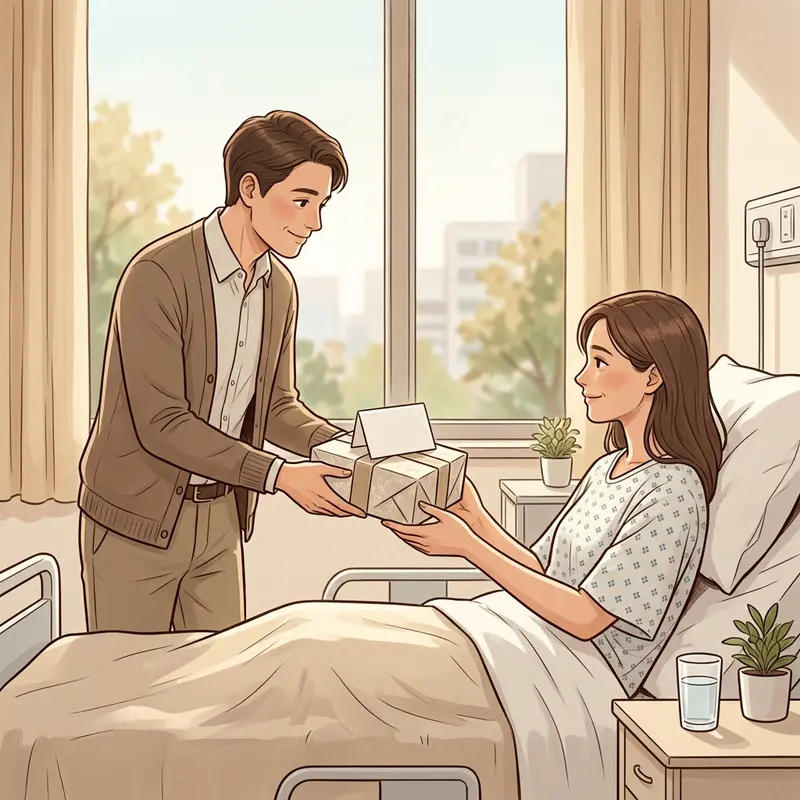 Hình ảnh một người đang trao món quà được gói sang trọng cho bệnh nhân trên giường bệnh trong không khí lịch sự.