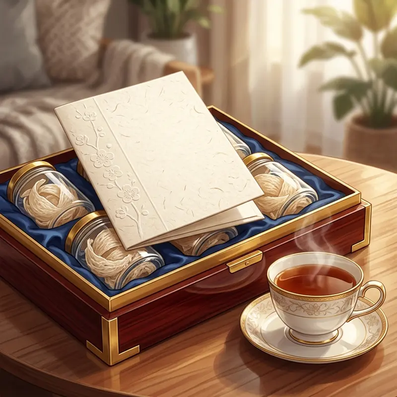 Cận cảnh tấm thiệp viết tay đặt trên hộp quà Maison Luxury sang trọng, thể hiện sự tri ân sâu sắc.
