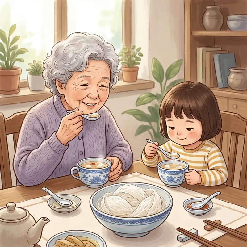 Người ông và cháu nhỏ đang cùng thưởng thức yến chưng từ những tách nhỏ riêng biệt.