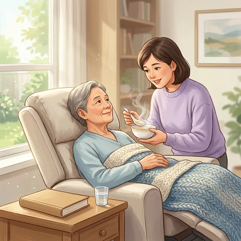 Người bệnh đang nghỉ ngơi được người thân chăm sóc và cho dùng một bát yến chưng còn bốc hơi.
