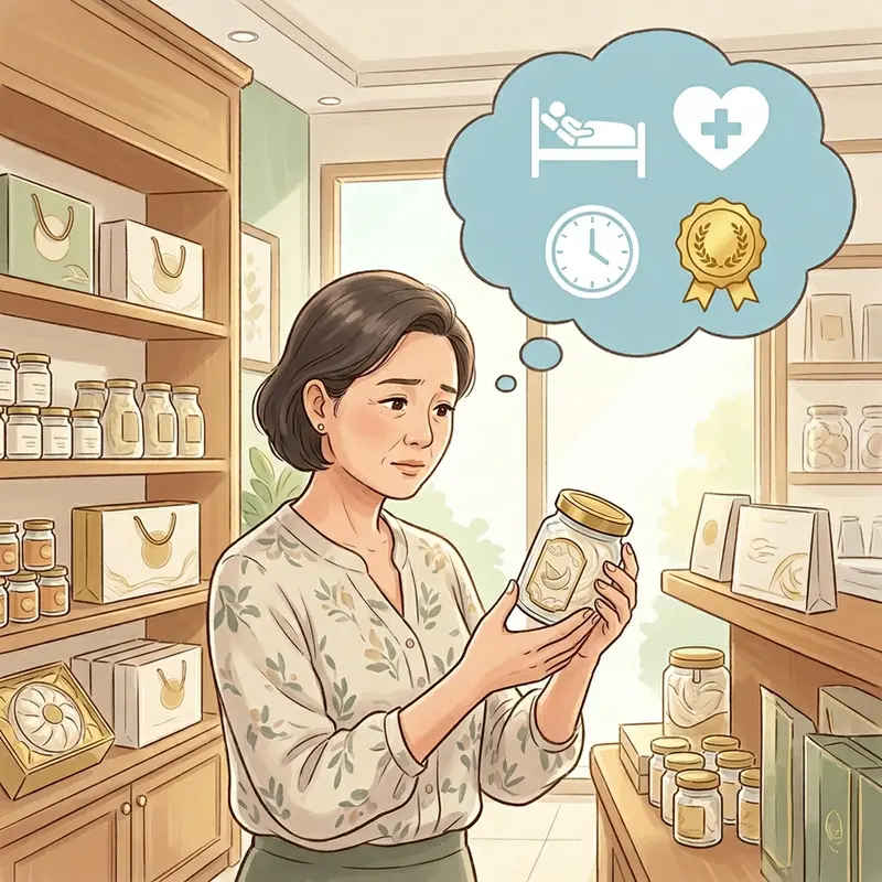 Người tiêu dùng đang cân nhắc lựa chọn sản phẩm yến cao cấp trong cửa hàng, với biểu tượng suy nghĩ về sức khỏe.