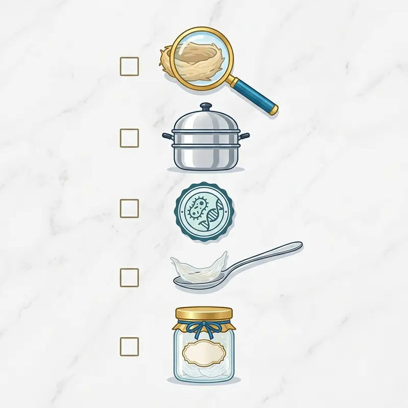 Hình ảnh minh họa dạng checklist với 5 tiêu chí đánh giá yến hũ không đường: nguồn gốc, quy trình, chứng nhận, hương vị và đóng gói.