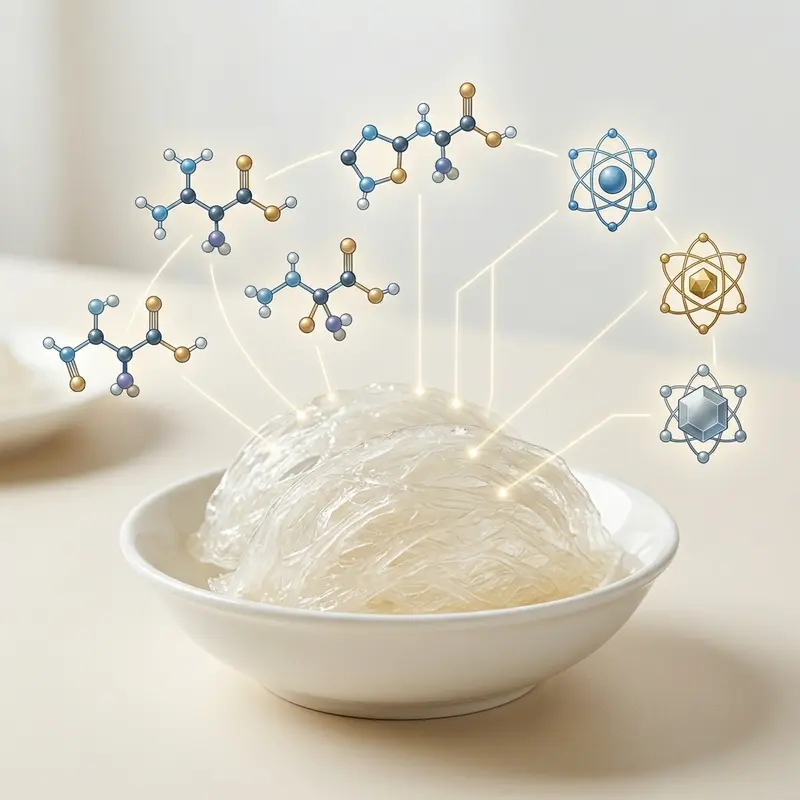 Hình ảnh cận cảnh tổ yến chất lượng cao cùng biểu đồ minh họa các phân tử acid amin và khoáng chất có lợi cho sức khỏe.