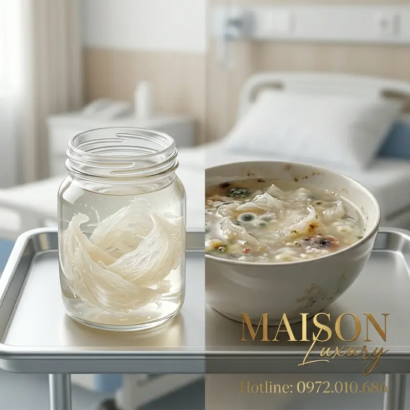 Hình ảnh so sánh yến chưng được bảo quản tốt trong lọ thủy tinh và yến chưng đã bị hỏng, đặt trong bối cảnh bệnh viện.