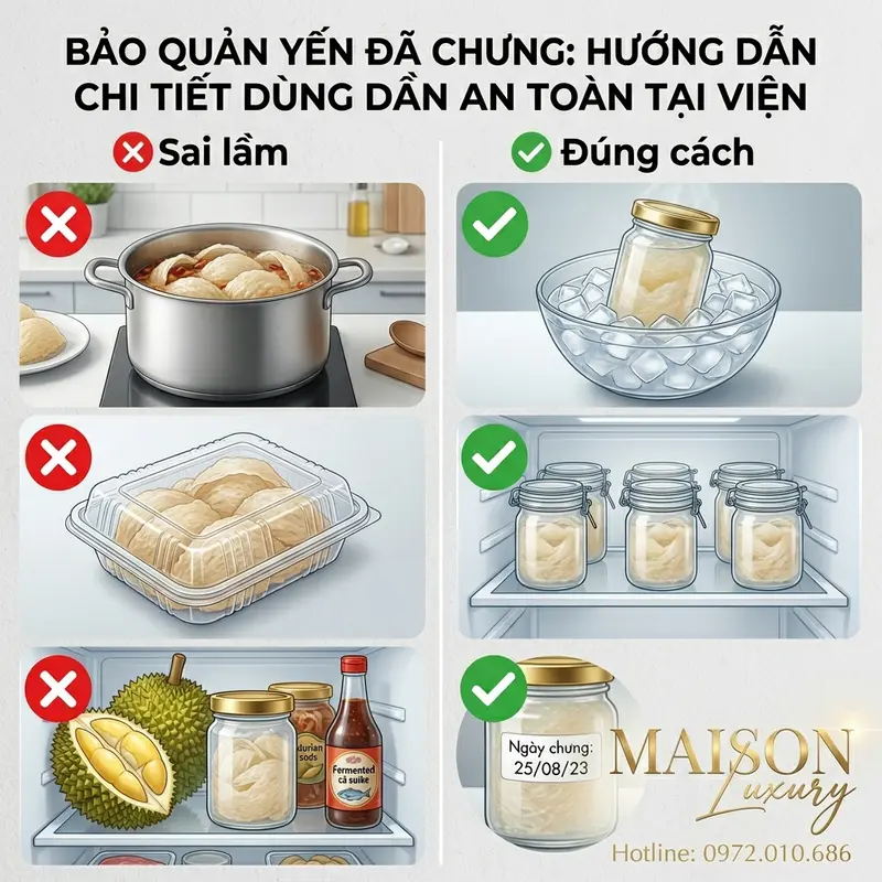 Ảnh đồ họa thông tin chia đôi, so sánh các cách bảo quản yến chưng sai lầm và đúng cách với biểu tượng dấu X đỏ và dấu tích xanh lá.
