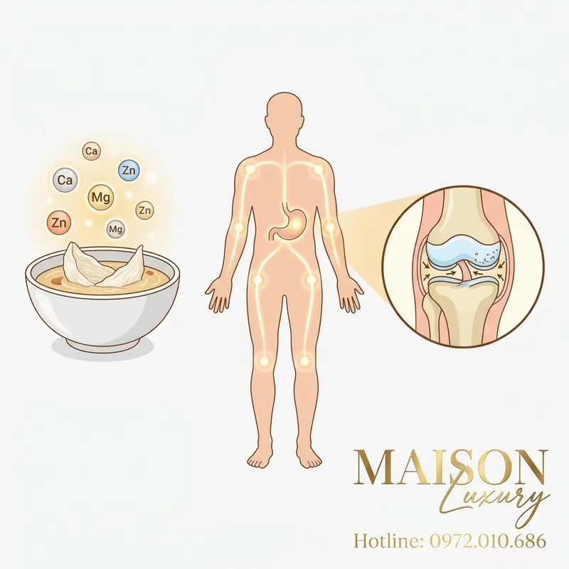 Quy trình từ hấp thụ dưỡng chất đến hỗ trợ tái tạo sụn khớp và dịch khớp của cơ thể.