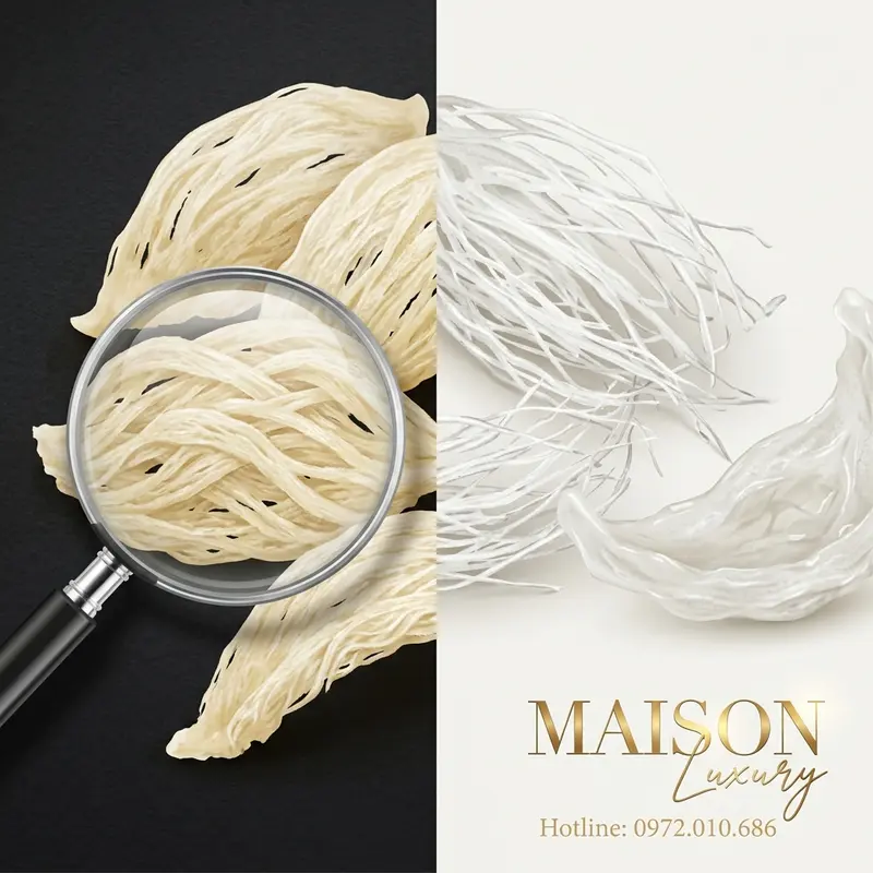 So sánh trực quan giữa sợi yến đảo tự nhiên, chất lượng cao và các sản phẩm yến giả, yến đã qua tẩy trắng.