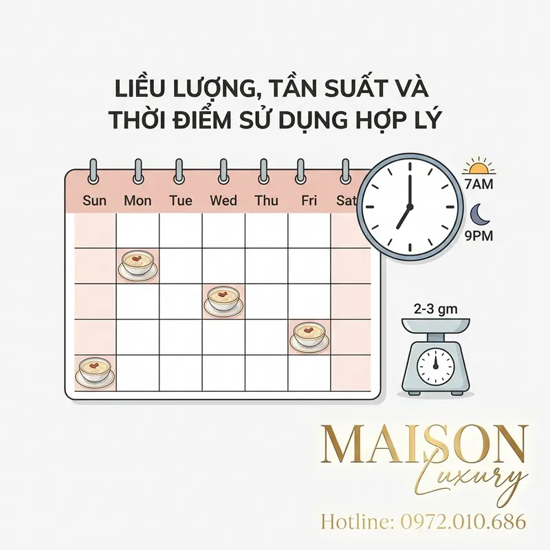 Đồ họa thông tin về lịch trình sử dụng yến sào hợp lý trong tuần với liều lượng và thời điểm khuyến nghị.