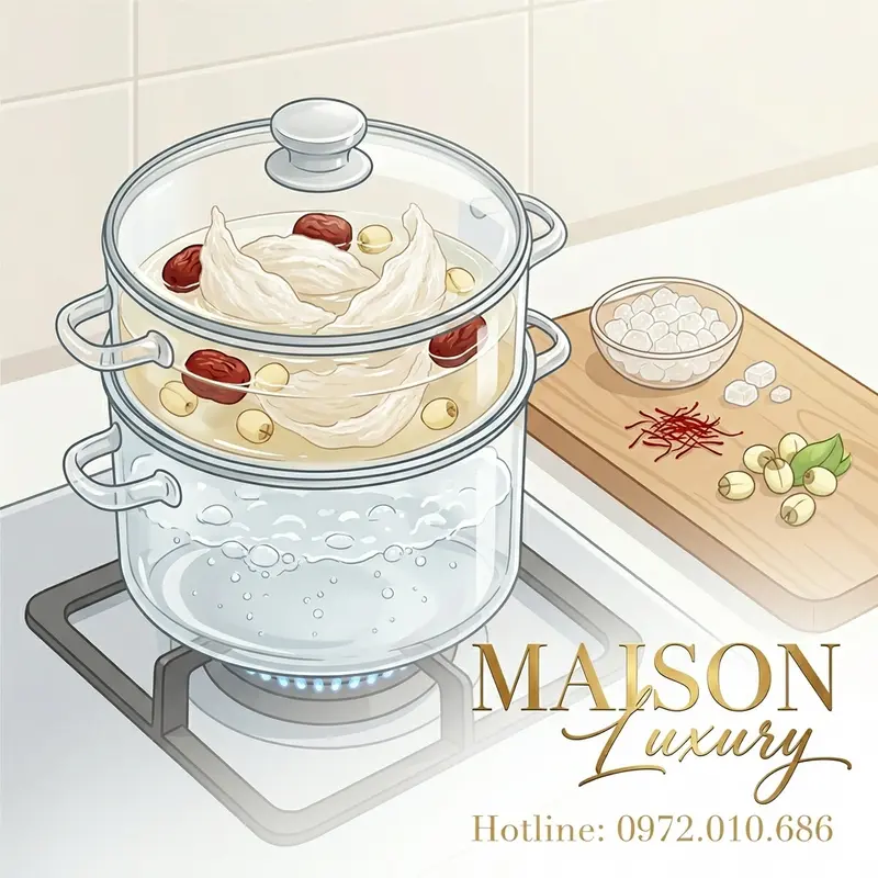 Hình ảnh minh họa quá trình chưng yến cách thủy đơn giản với các nguyên liệu thanh đạm như táo đỏ, hạt sen.