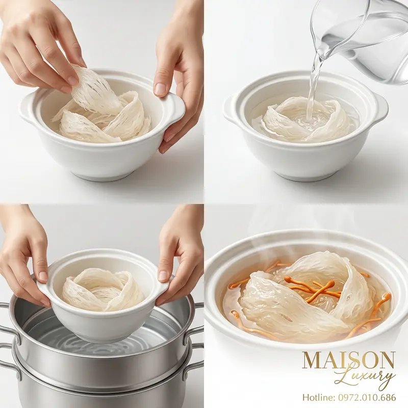 Các bước chính trong quy trình chưng yến sào với đông trùng hạ thảo.