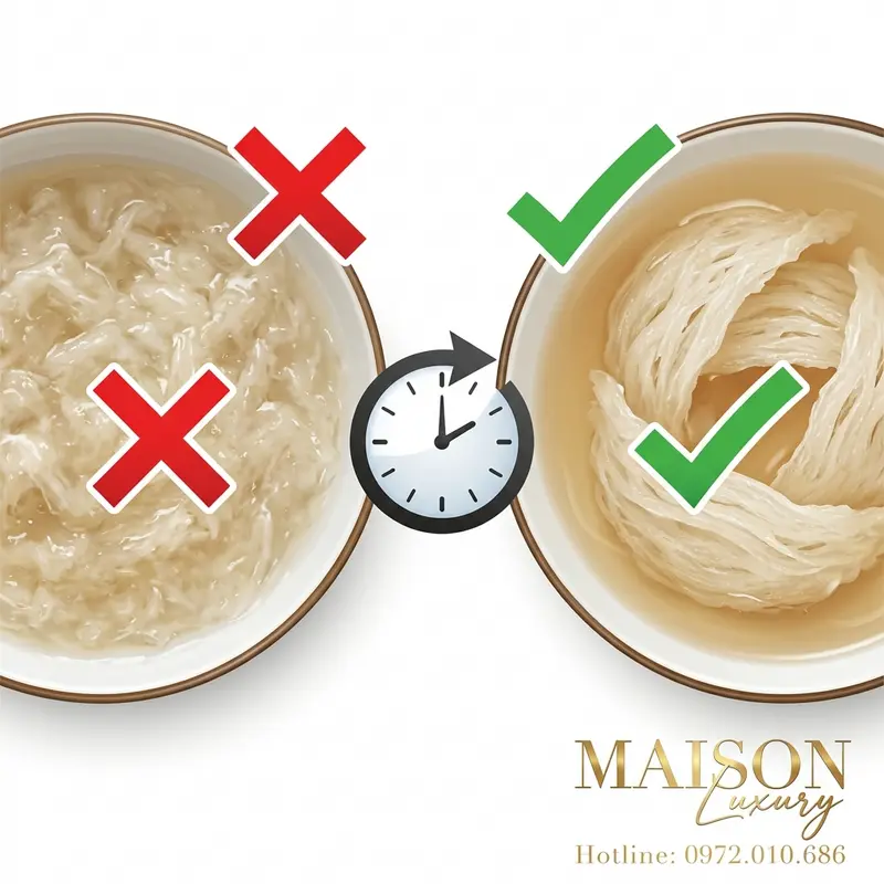 Đối chiếu giữa yến chưng đúng cách (dai, trong) và yến bị chưng quá lâu (nát, mất chất).