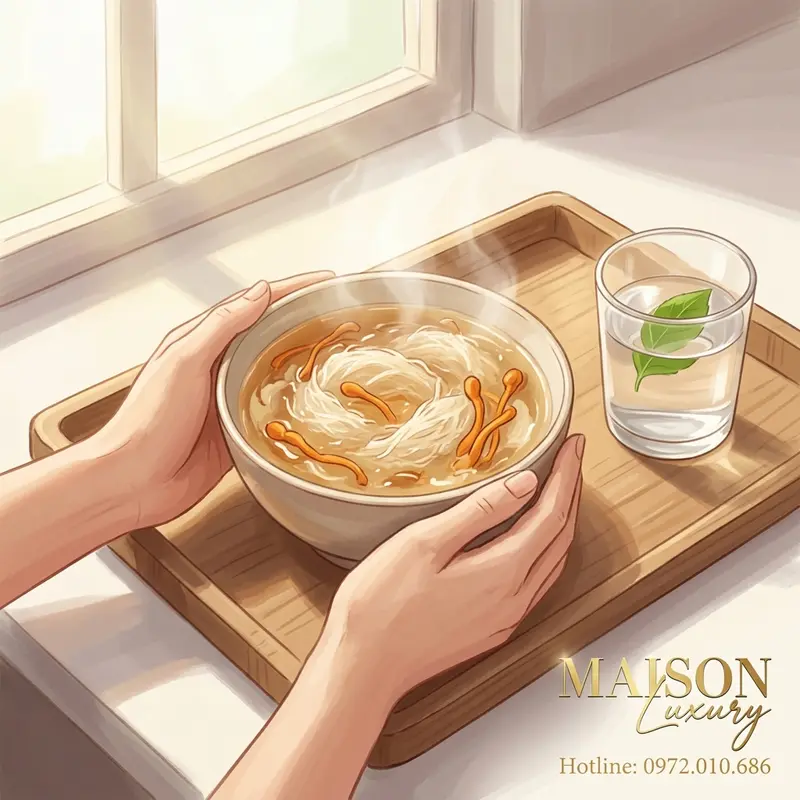 Thưởng thức yến chưng đông trùng hạ thảo vào buổi sáng để hấp thu dưỡng chất tối ưu.