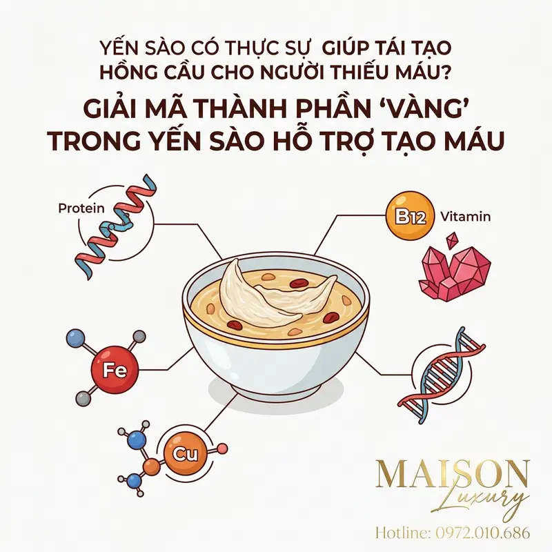 Sơ đồ minh họa các thành phần dinh dưỡng chính trong yến sào hỗ trợ quá trình tạo máu.