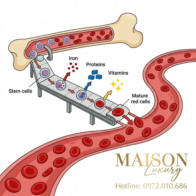 Minh họa ẩn dụ quy trình tủy xương như một nhà máy sử dụng dưỡng chất từ yến sào để sản xuất hồng cầu.