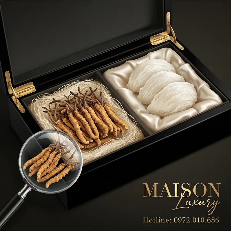 Set quà đỉnh cao kết hợp yến sào và đông trùng hạ thảo, đựng trong hộp sơn mài đen kim loại.