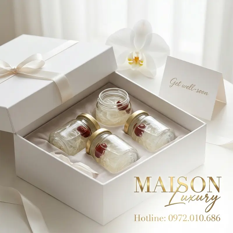 Set quà yến chưng sẵn cao cấp, đóng hũ thủy tinh tinh tế, đặt trong hộp quà sang trọng.