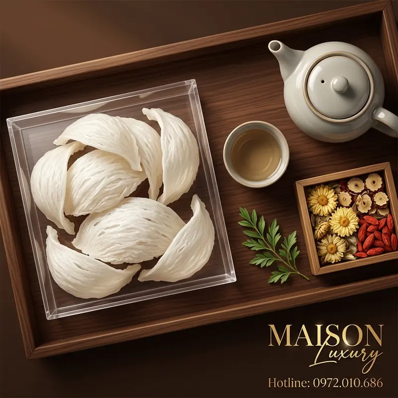 Set quà kết hợp tổ yến sào nguyên chất và trà thảo mộc hảo hạng, bày trí trên khay gỗ.