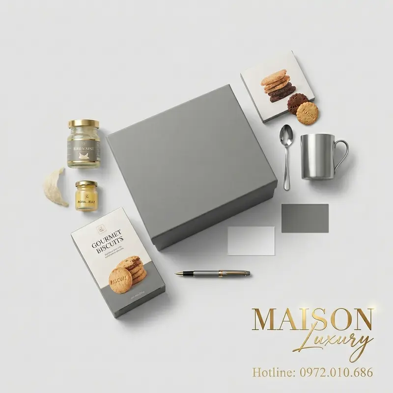 Set quà tặng doanh nghiệp sang trọng, bao gồm yến sào và các phụ kiện cao cấp được bày trí tối giản.
