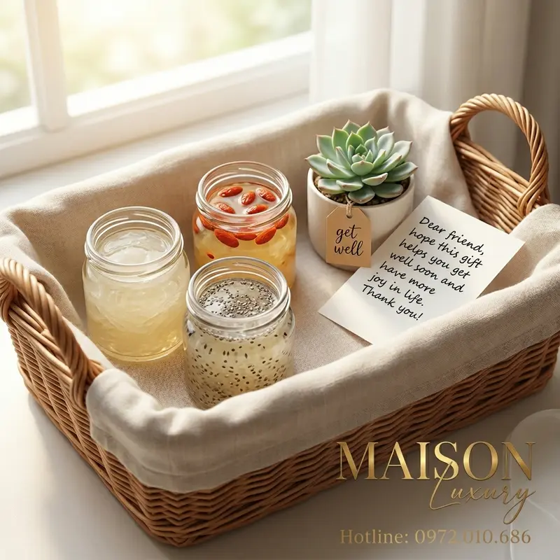 Set quà yến hũ thủy tinh với nhiều vị khác nhau, được kết hợp với món quà cá nhân hóa như cây cảnh mini.