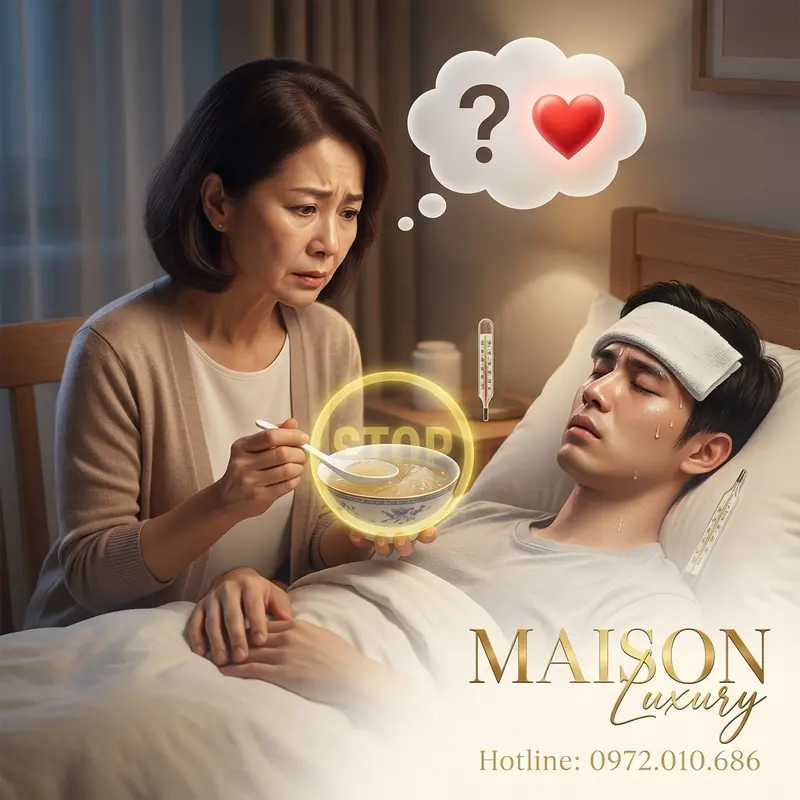 Một tình huống phổ biến: Người chăm sóc có ý tốt muốn bồi bổ bằng yến sào, nhưng đây không phải là thời điểm thích hợp.