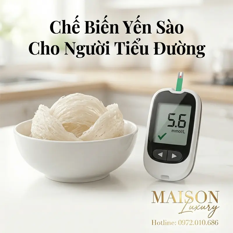 Tổ yến sào nguyên chất đặt cạnh máy đo đường huyết, tượng trưng cho việc sử dụng thông minh và có kiểm soát.