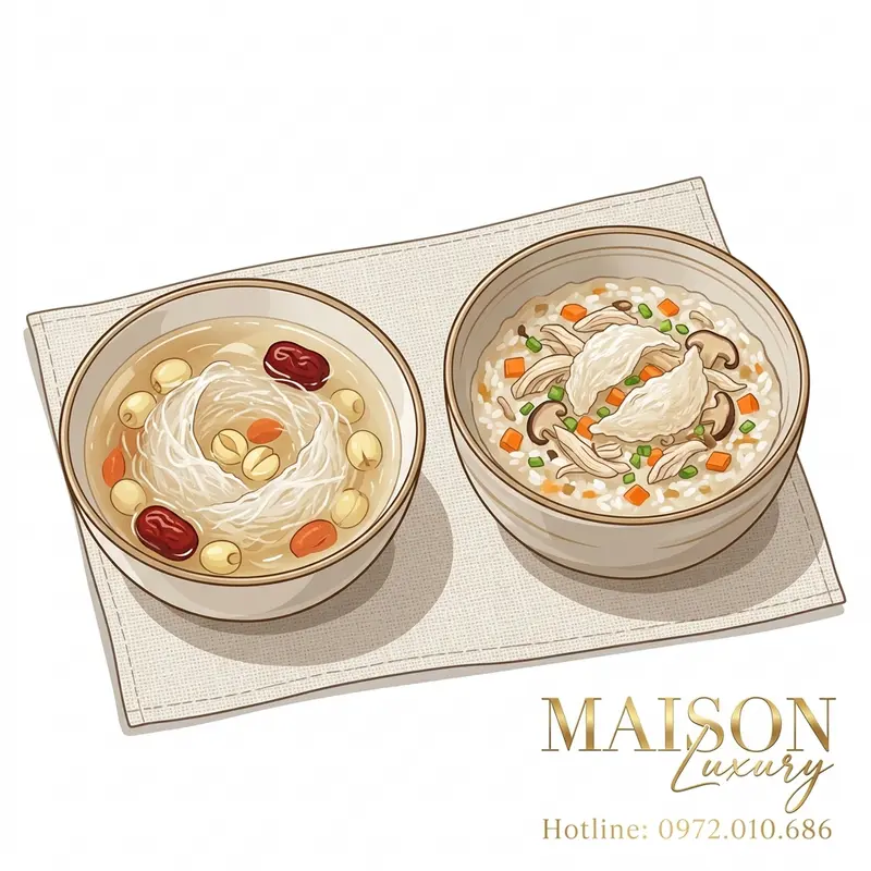 Hai mẫu món ăn thực tế: Yến chưng táo đỏ hạt sen không đường và cháo yến gà rau củ.