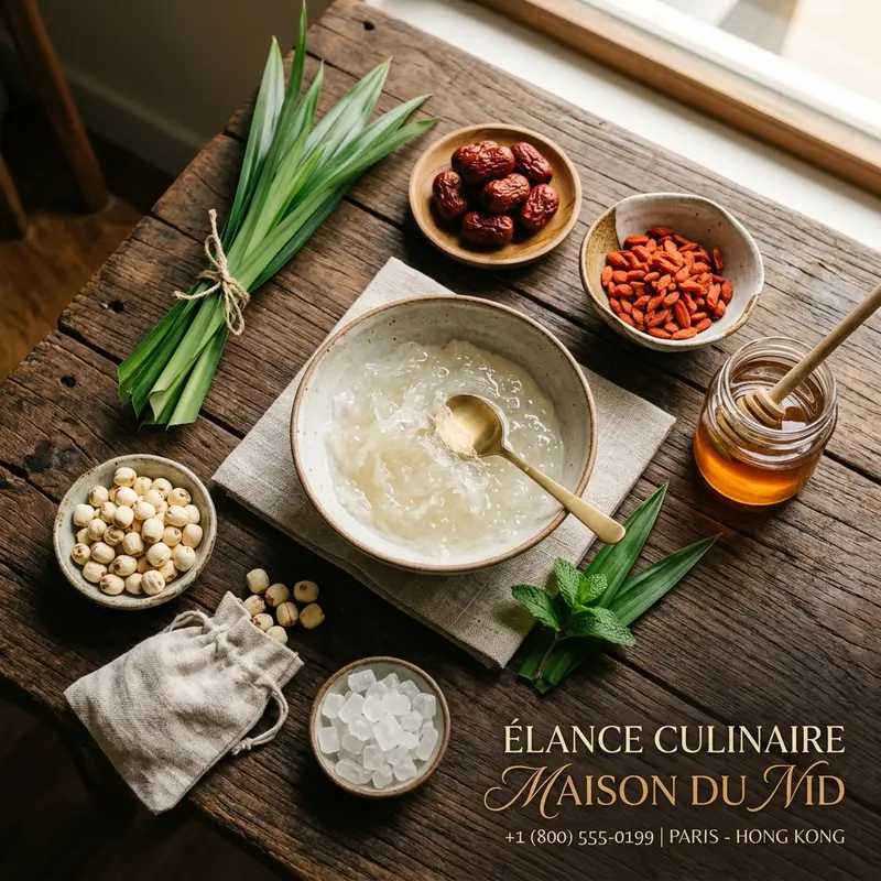 Bộ sưu tập nguyên liệu an toàn: yến sào đã ngâm nở, đường ăn kiêng, táo tàu, kỷ tử, hạt sen.