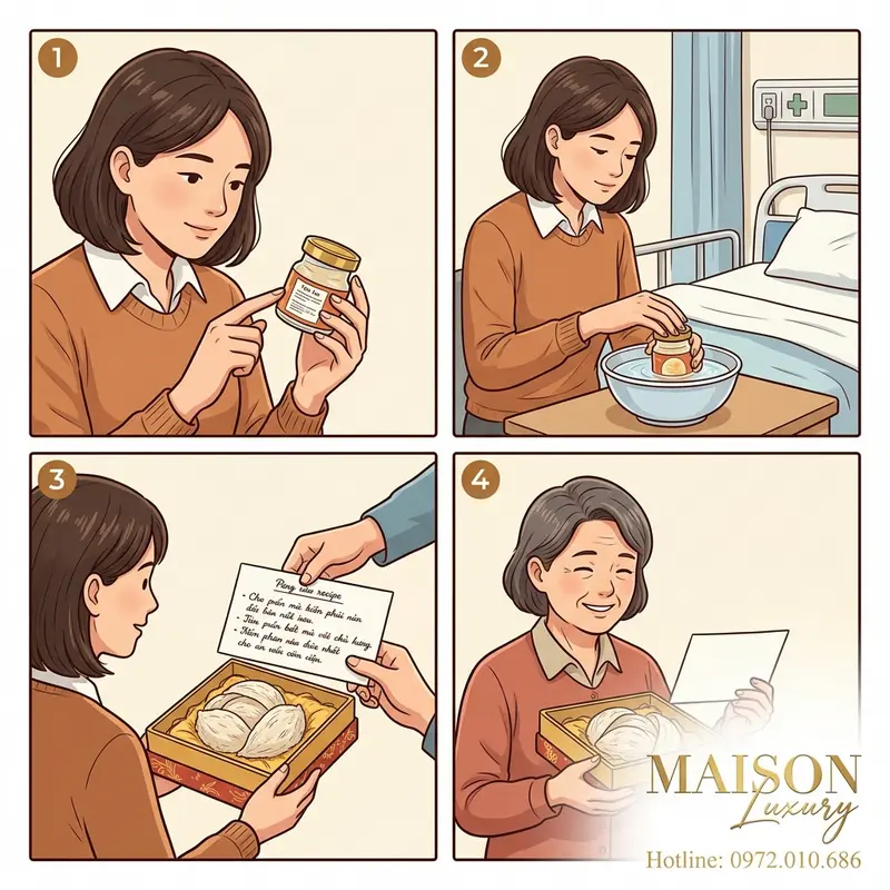 Minh họa các bước thực tế khi tặng và hướng dẫn sử dụng yến tại bệnh viện.