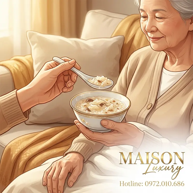 Cho ăn từng thìa nhỏ, ấm nóng với tinh thần kiên nhẫn và quan sát phản ứng của người bệnh.