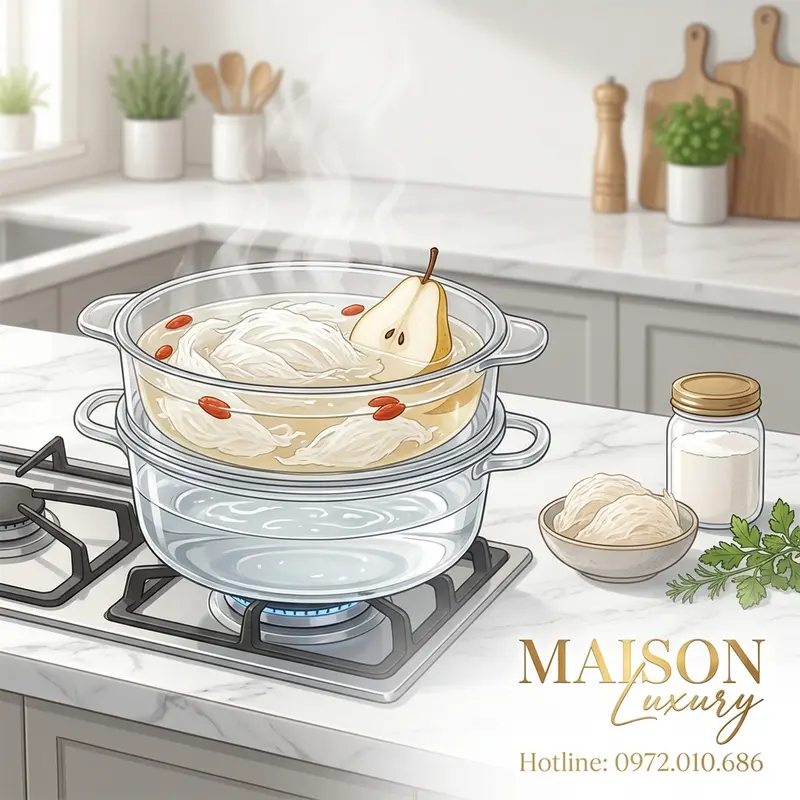 Quy trình chưng cách thủy yến sào với nguyên liệu tự nhiên, ít đường, đảm bảo an toàn và dinh dưỡng.