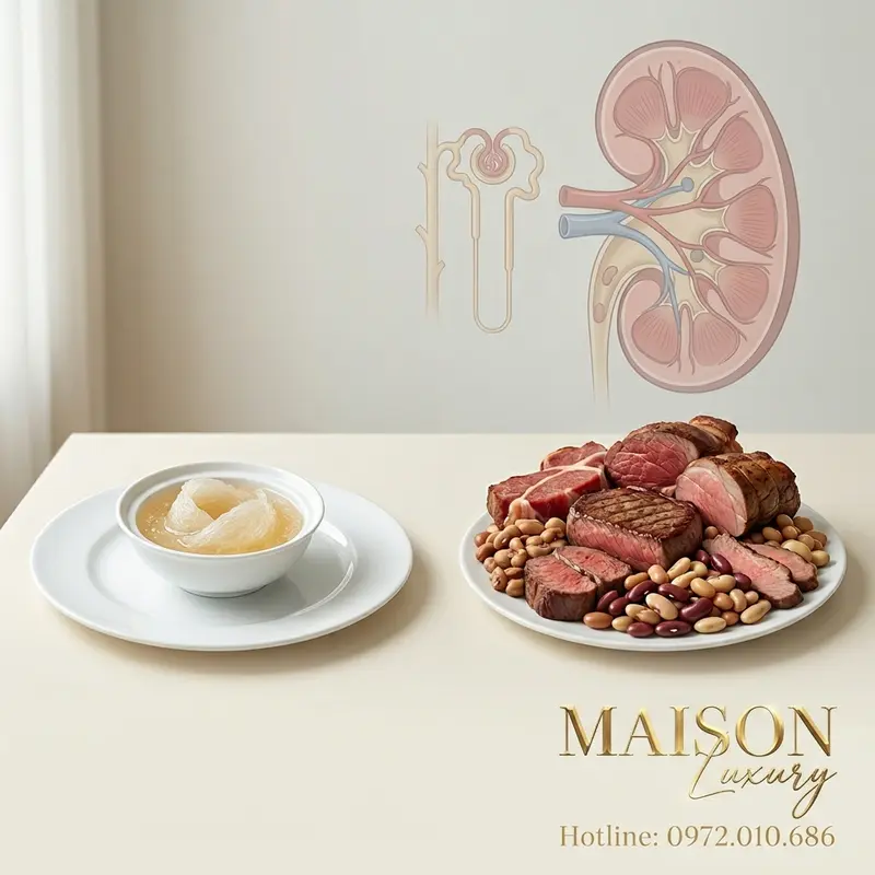 So sánh giữa lượng đạm chất lượng cao vừa đủ và lượng đạm dư thừa, trong bối cảnh chức năng thận suy giảm.