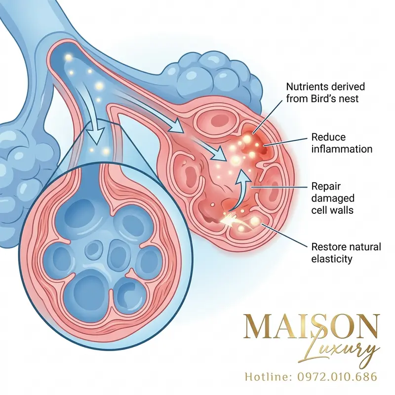 Minh họa cơ chế dưỡng chất từ yến đảo tự nhiên phục hồi các phế nang bị tổn thương trong phổi.