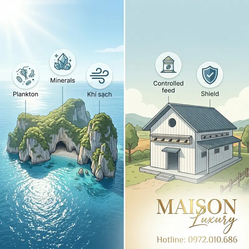 So sánh trực quan môi trường sống và nguồn thức ăn giữa yến đảo tự nhiên và yến nuôi.