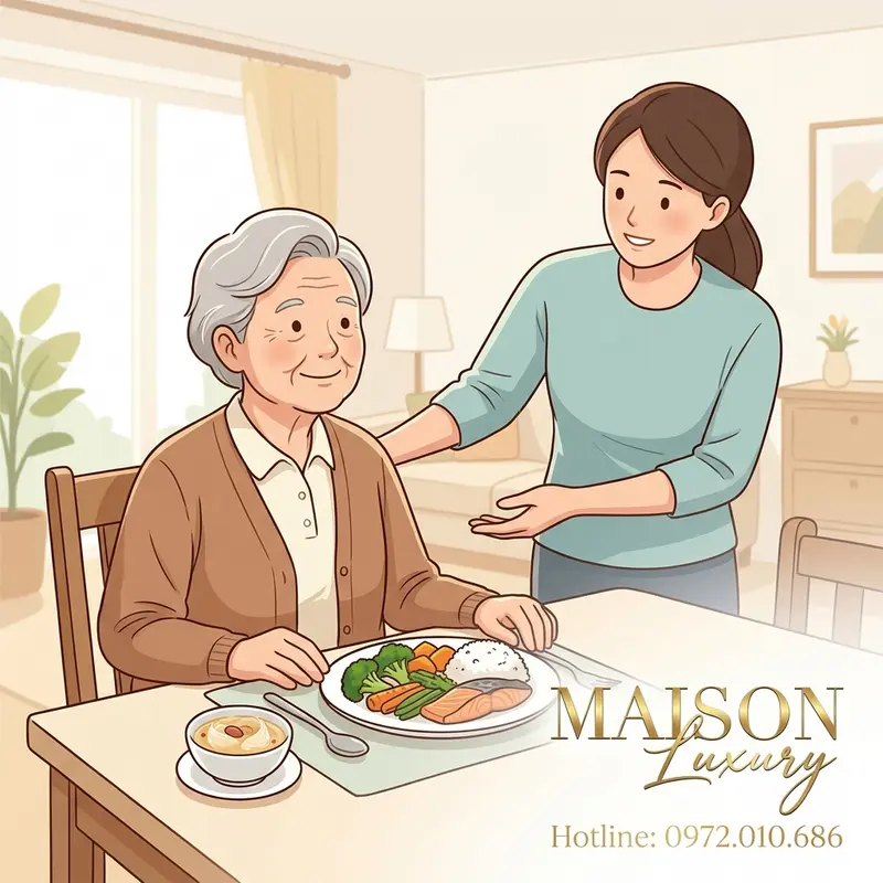 Một bữa ăn cân bằng kết hợp với yến sào trong một không gian gia đình ấm áp, hỗ trợ phục hồi toàn diện.