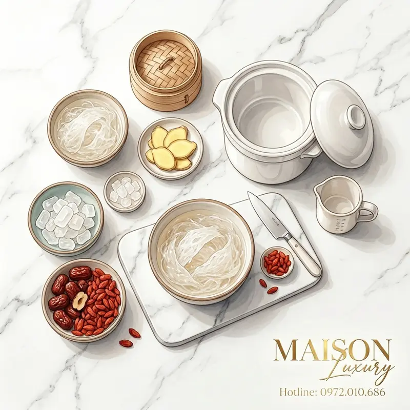 Tất cả nguyên liệu và dụng cụ cần thiết được chuẩn bị sẵn sàng cho quá trình chưng yến.