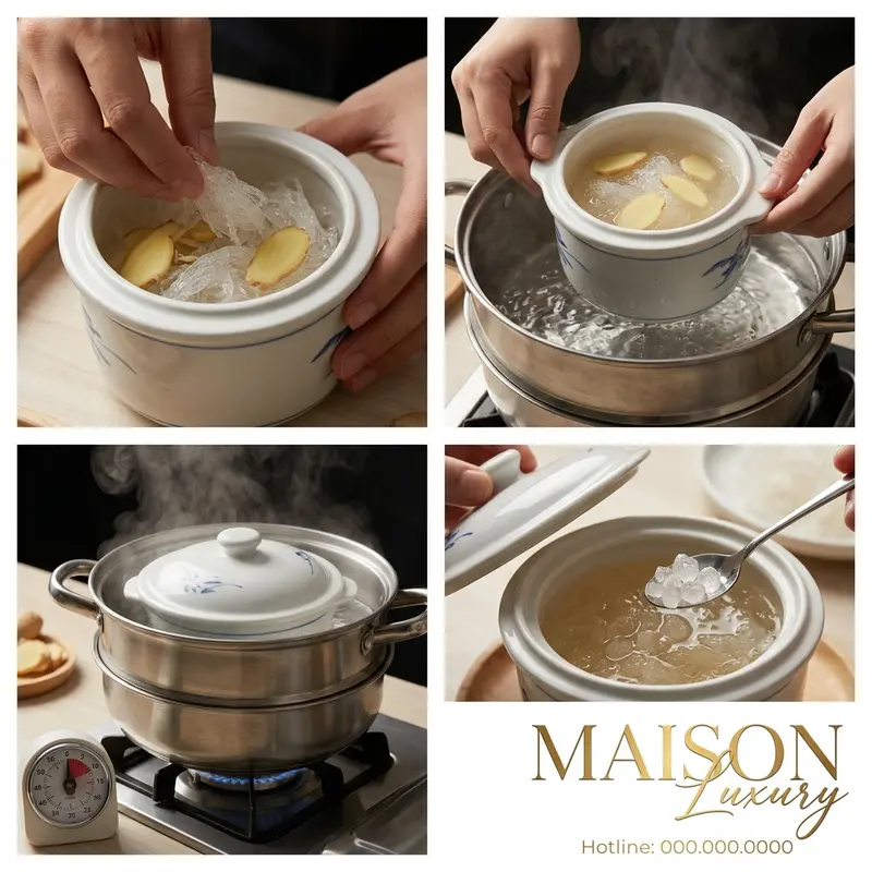 Quy trình chưng yến với gừng qua từng bước: xếp nguyên liệu, chưng cách thủy, thêm đường và hoàn thành.