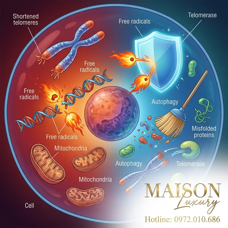 Minh họa các cơ chế lão hóa ở cấp độ tế bào: telomere ngắn, gốc tự do, ty thể suy yếu.