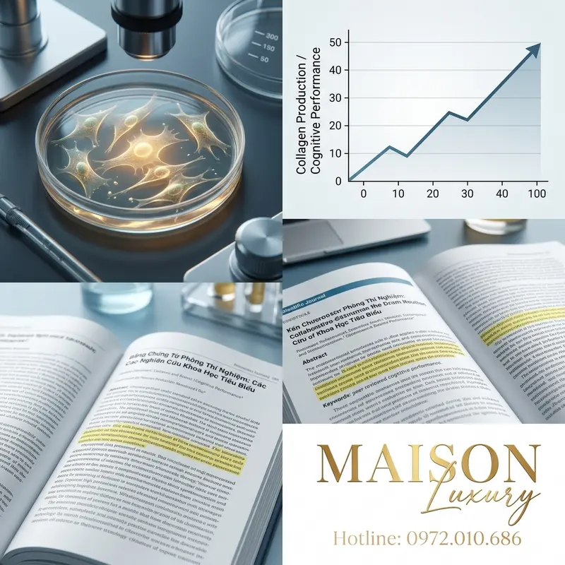 Hình ảnh đại diện cho nghiên cứu khoa học về yến sào: tế bào da, biểu đồ kết quả và tạp chí học thuật.