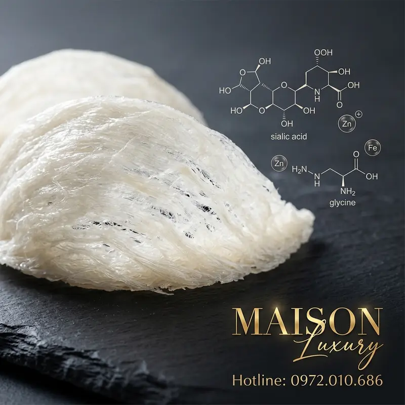 Tổ yến trắng tinh khiết cùng với biểu tượng hóa học của các dưỡng chất quan trọng như axit sialic và glycine.