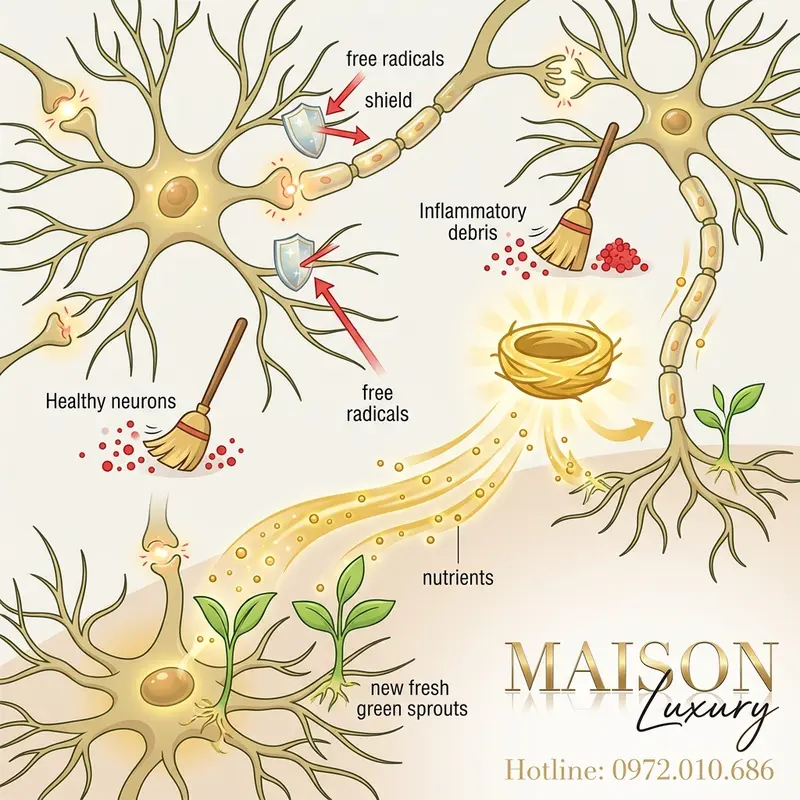 Sơ đồ minh họa cơ chế chống oxy hóa, chống viêm và thúc đẩy phát triển tế bào thần kinh của yến sào.