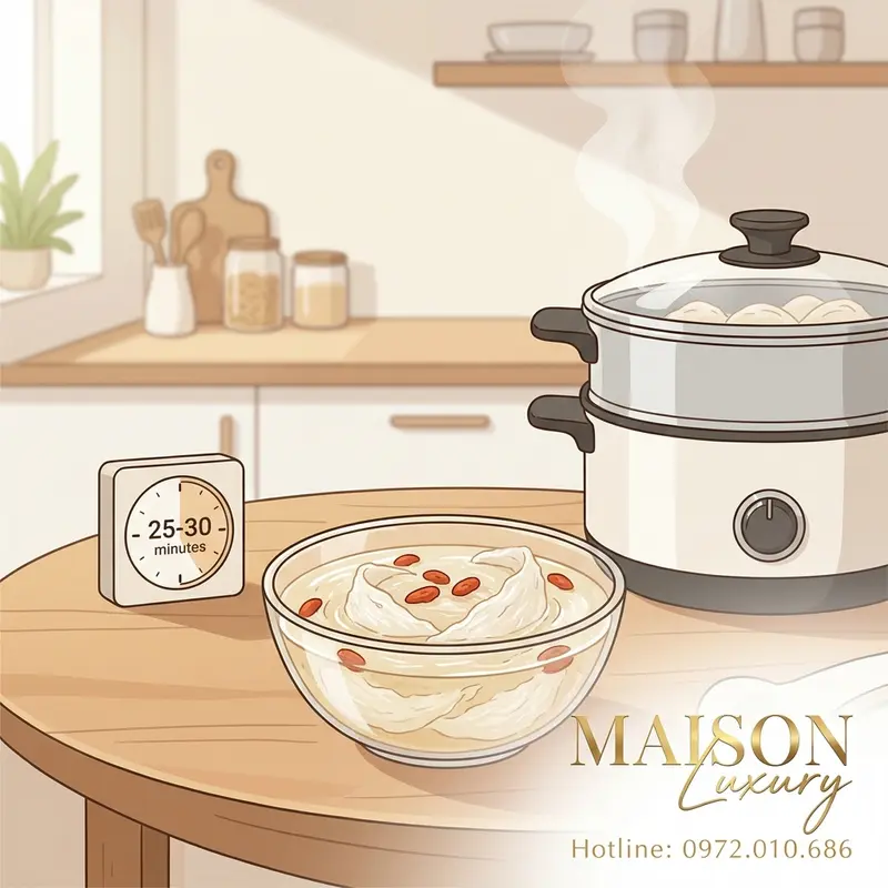 Một tô yến chưng cách thủy tinh khiết với kỷ tử, được chế biến đơn giản để giữ nguyên dưỡng chất.